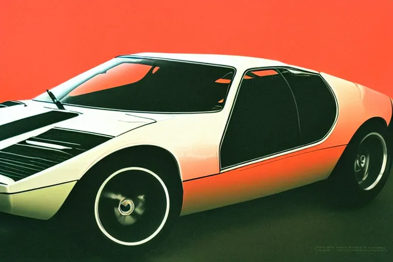 Prompt: designed by giorgetto giugiaro stylized poster of a single 1 9 6 9 amc amx / 3 miura citroen dm bmw m 1 ( ( mclaren f 1 ) ) delorean concept, thick neon lights, ektachrome photograph, volumetric lighting, f 8 aperture, cinematic eastman 5 3 8 4 film