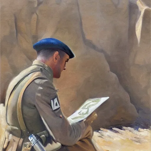 Image similar to medium shot painting of an italian soldier texting a letter to his beloved in wwII, behind him the desert of El Alamein