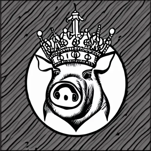 Image similar to pig in crown in style of Micah Ulrich, black and white