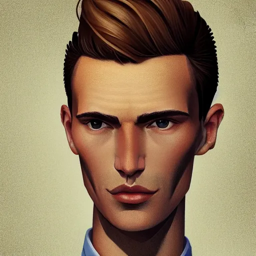 Image similar to tall man in his twenties with brown blond short quiff hair and thin slightly round facial structure with cleft chin, straight eyebrows and prominent nose, good definition of cheekbones, big hazel nut brown eyes, narrow face, slim body, atmospheric lighting, painted, intricate, 4 k, highly detailed by charlie bowater