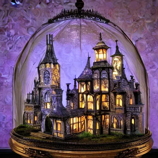 Prompt: photo of an elaborate miniature tabletop haunted house under an ornate glass dome, by paulette tavormina and michael whelan, hyper realistic, extremely detailed, dramatic lighting, goth, victorian