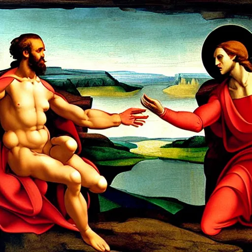 Prompt: the creation of adam painting by artist michelangelo