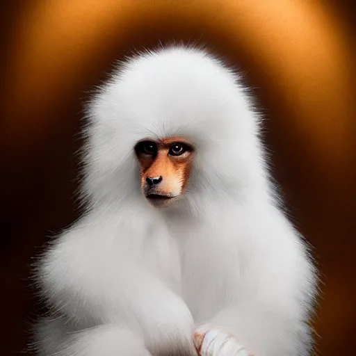 Image similar to fox as a monkey, fluffy white fur, very long tail, award winning creature portrait photography, extremely detailed, artstation, 8 k, sensual lighting, incredible art, wlop, artgerm