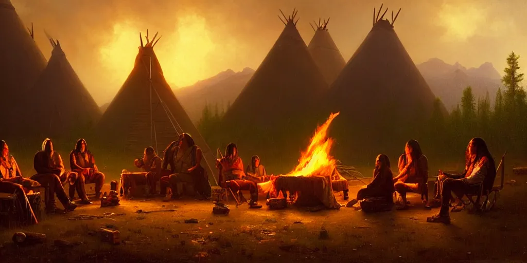 Prompt: some old native americans sitting together at a fire in front of some tipis, beatiful mountain background, cyberpunk, by albert bierstadt, by greg rutkowski, highly detailed, warm lightning, digital painting