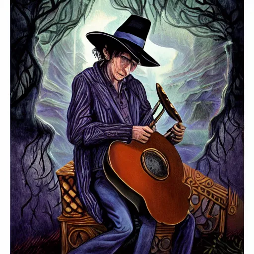 Image similar to illustration image for bob dylan as a magic the gathering creature, highly detailed, fantasy, cartoon style, painting