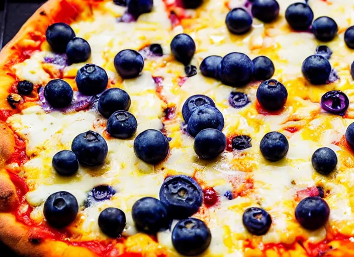 Image similar to A delicious plate of pizza with blueberries on, extra cheese, close up food photography, studio lighting, Sigma 35mm f/1.4