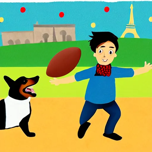 Image similar to illustration of french boy in paris playing football against a corgi, the corgi is wearing a polka dot scarf