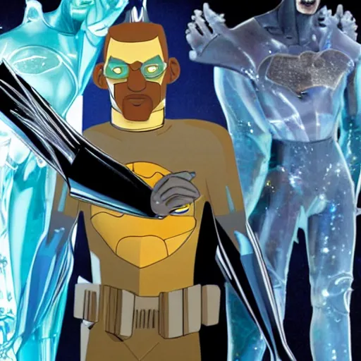 Prompt: will smith as iceman, clear ice, human sculpture, freezing gold, mr freeze, style if batman animated series