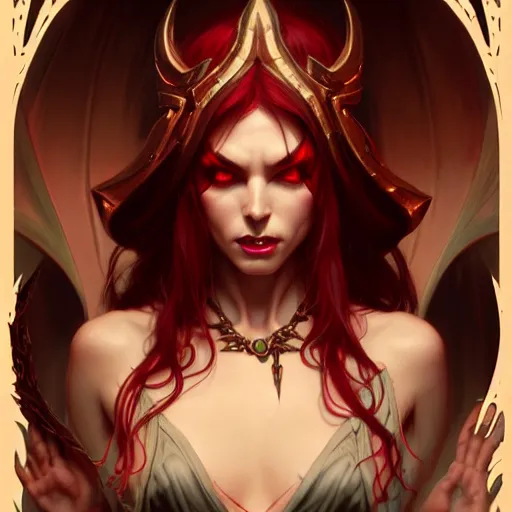 Image similar to Demoness, female, robes, D&D, fantasy, intricate, elegant, highly detailed, digital painting, artstation, octane render, concept art, matte, sharp focus, illustration, hearthstone, art by Artgerm and Greg Rutkowski and Alphonse Mucha