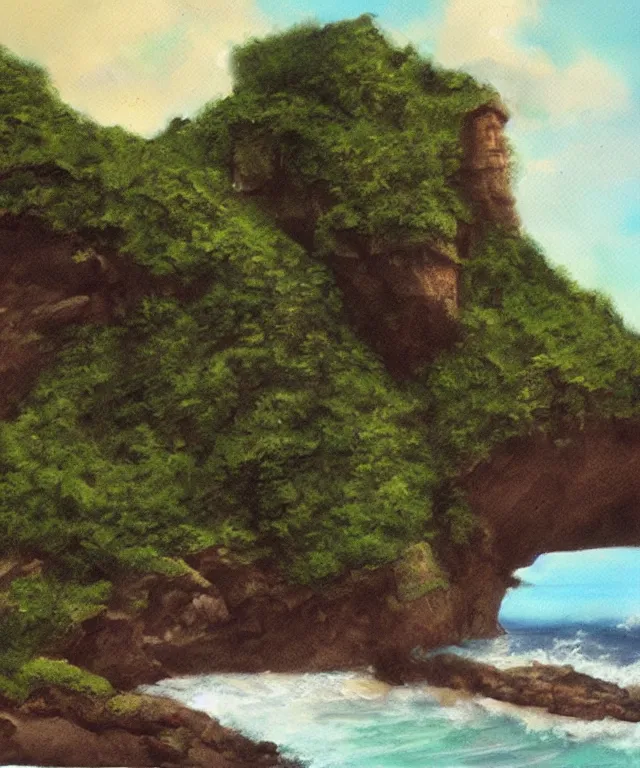 Prompt: photorealistic painting of turtle bay beach jamaica, sharp cliffs, island with cave, dark, atmospheric, brooding, smooth, finely detailed, cinematic, epic, lovecraft, in the style of larry elmore