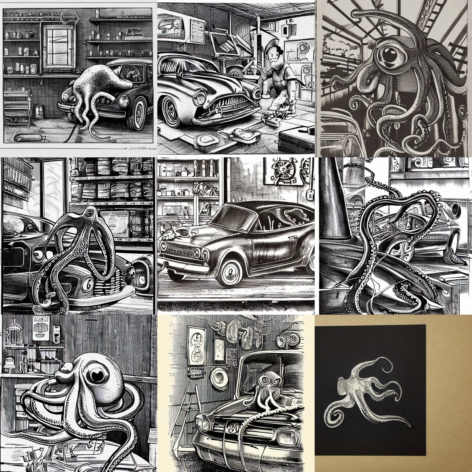 Prompt: an octopus in a car repair shop, engraving, ink