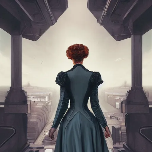 Prompt: portrait of a victorian lady in a futuristic city, from behind, streets, beautiful, asymmetric, open sky, tall buildings, highly detailed, digital painting