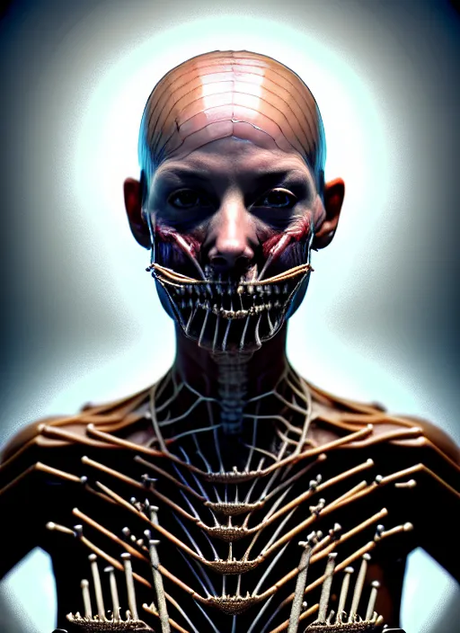 Image similar to 3 / 4 portrait, queen, crown, translucent skin, visible muscle and bones and veins and nerves, hyperrealism, detailed textures, photorealistic, 3 d cyberpunk apocalyptic city, futuristic clothing and helmet, ultra realistic, cinematic, intricate, cinematic light, unreal engine 8 k, octane render, unreal engine by david kostic and stanley lau and artgerm