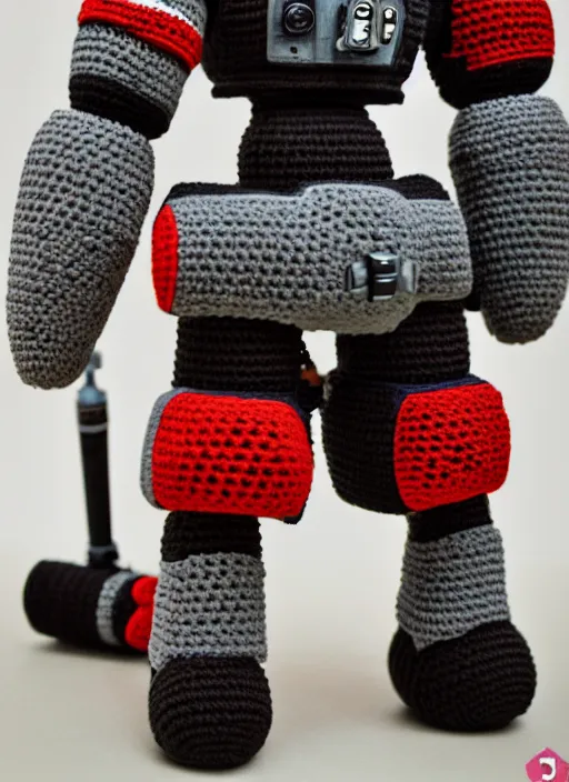 Image similar to a crochet mecha with rocket launchers, realistic, no cropping, full body, Sigma 50 mm f/1.4