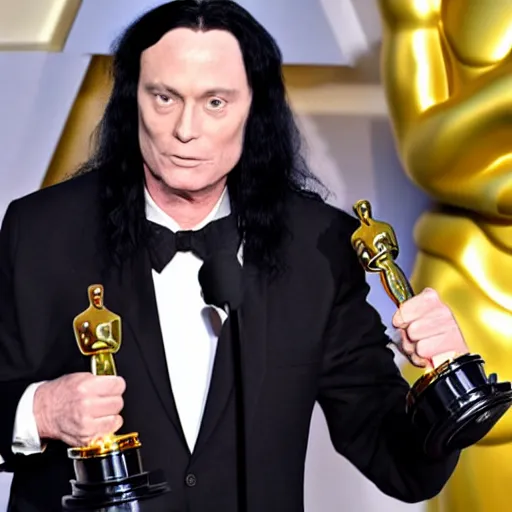 Prompt: “tommy wiseau accepting an Oscar award”