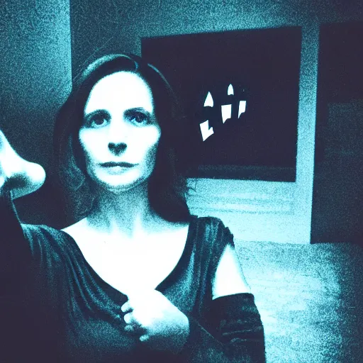 Image similar to A selfie of a woman in a dark room, with a spooky filter applied, with a figure in the background, in a Halloween style.