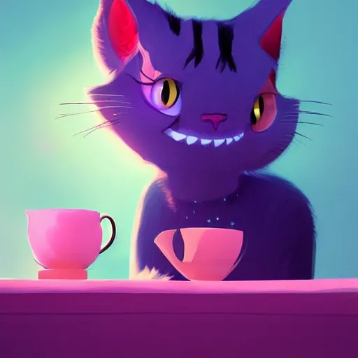 Prompt: cheshire cat drinking tea, in the style of atey ghailan and james gilleard and goro fujita, exquisite lighting, art, very coherent, trending on artstation