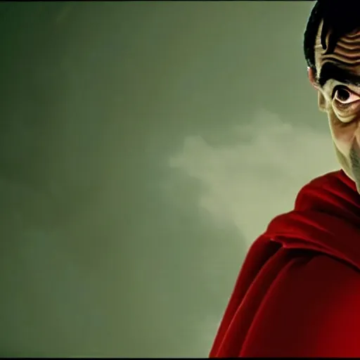 Image similar to mr. bean as superman. movie still. cinematic lighting.