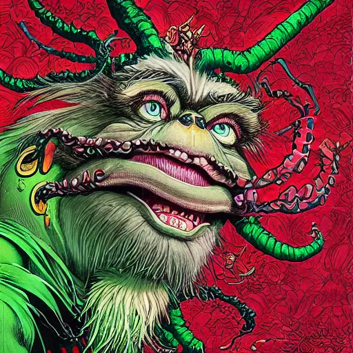 Prompt: portrait of crazy grinch, symmetrical, by yoichi hatakenaka, masamune shirow, josan gonzales and dan mumford, ayami kojima, takato yamamoto, barclay shaw, karol bak, yukito kishiro