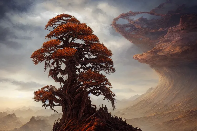 Image similar to high aerial shot, cinematic fantasy painting, dungeons and dragons, barren dry land, desert valley of bones, a single autumn maple bonsai, with sunset lighting ominous shadows by jessica rossier and brian froud