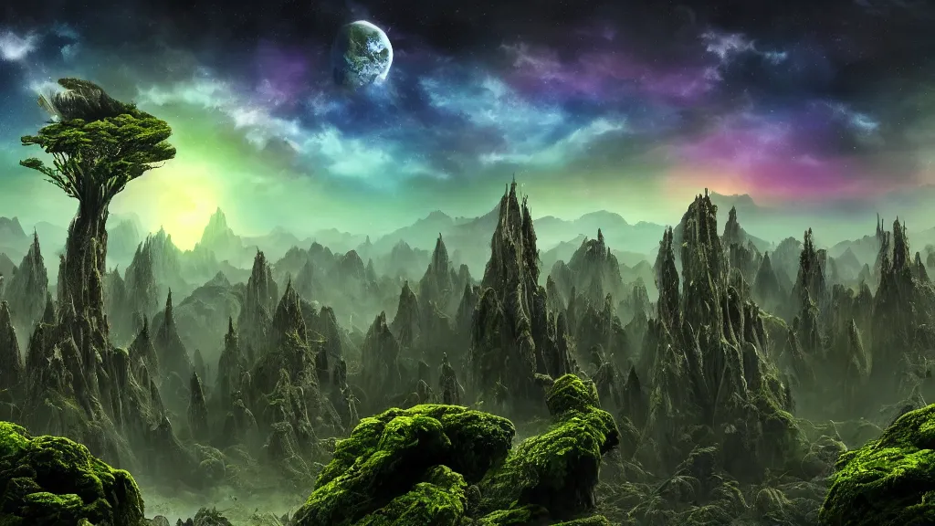 Image similar to an alien landscape view, alien sky, star in the sky, alien waterfall, weird alien trees, alien colorful greenery, alien mountains, epic composition, 4 k, detailed, realistic