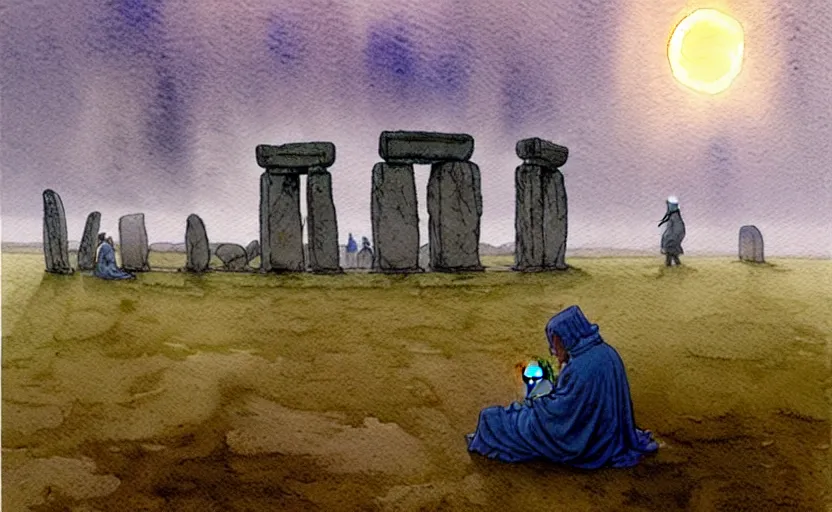 Image similar to a hyperrealist watercolour character concept art portrait of one small grey medieval monk kneeling down in prayer in front of a complete stonehenge monument on a misty night. a huge stone is in the sky. by rebecca guay, michael kaluta, charles vess and jean moebius giraud