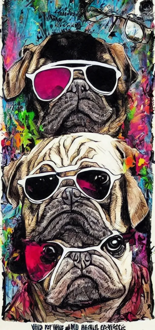 Image similar to fear and loathing and pug vegas, ralph steadman style, wild