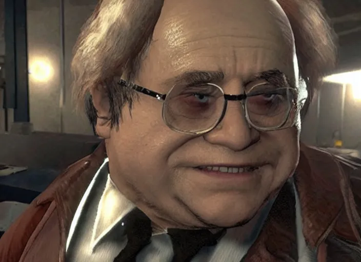 Image similar to video game still of danny devito in the video game resident evil 2,