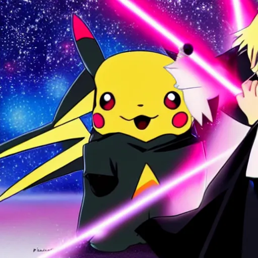 Image similar to anime art, Darth Pikachu versus Jedi Jigglypuff