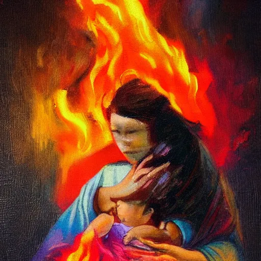 Image similar to beautiful woman cradling her child made of colorful fire by stanley lau, elegant, colorful, loving