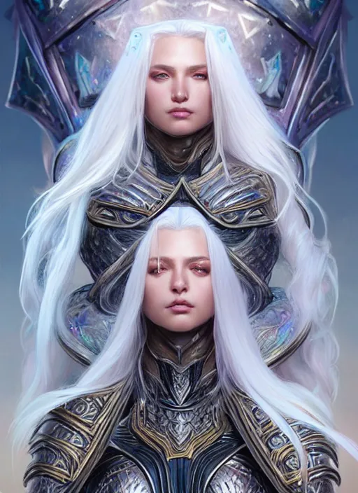 Image similar to iridescent armor!!! long wild white hair!! covered chest!!! fantasy, d & d, intricate ornate details, digital painting, pretty face!!, symmetry, concept art, sharp focus, illustration, art by artgerm! greg rutkowski magali villeneuve wlop! ilya kuvshinov!!, octane render