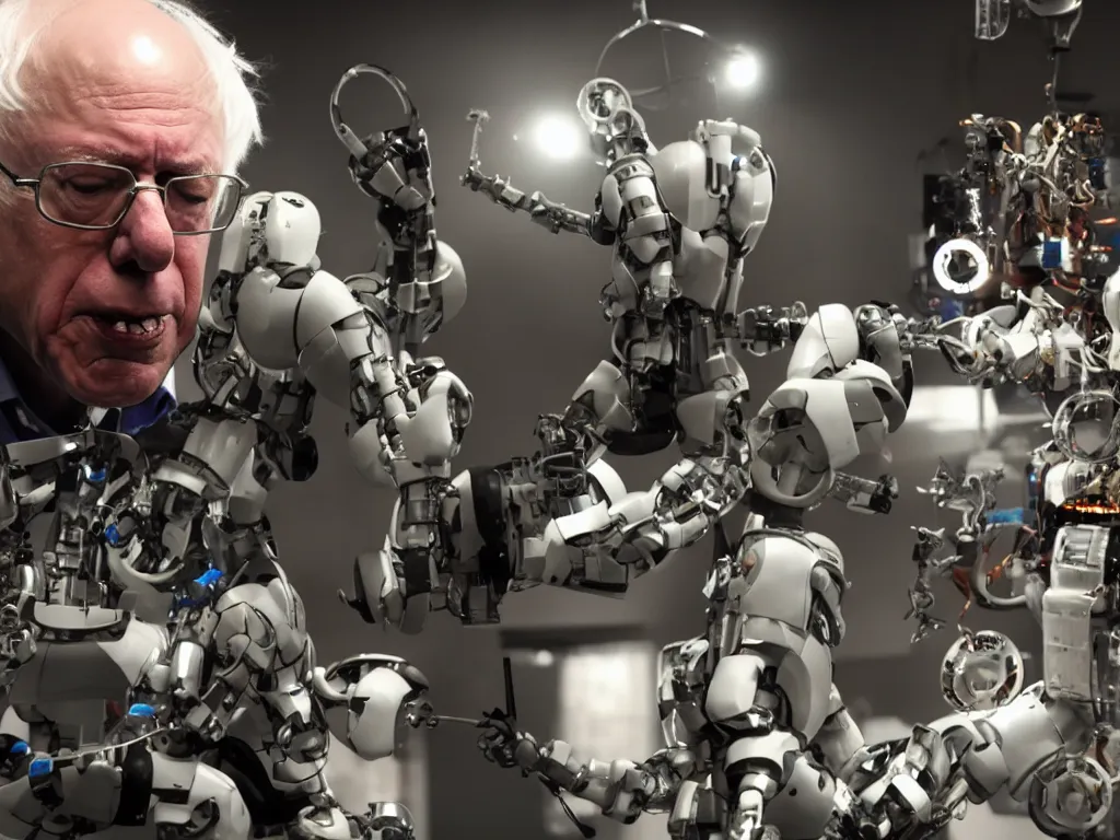 Image similar to bernie sanders putting the finishing touches on a ( ( cute ) ) clockwork doomsday robot, cinematic moody lighting, sharp focus, imax