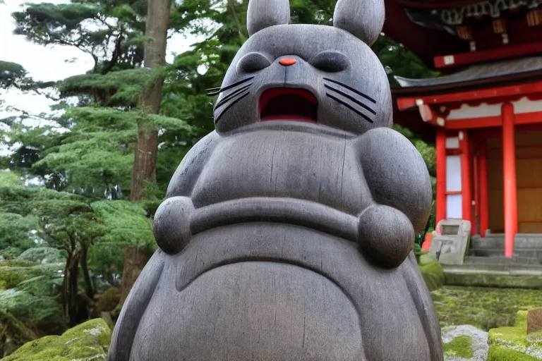 Image similar to shinto shrine statue of totoro in a wooden shrine