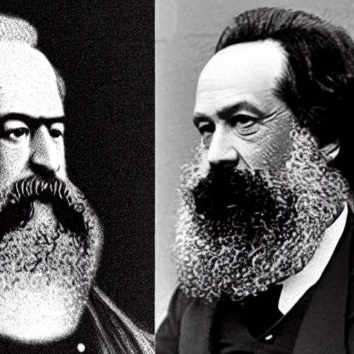 Prompt: Karl Marx pondering his orb next to Karl Marx pondering his orb