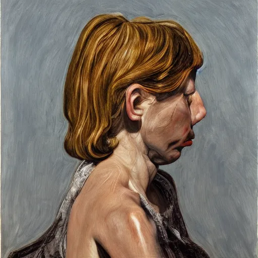 Image similar to high quality high detail painting by lucian freud, hd, angry girl looking back