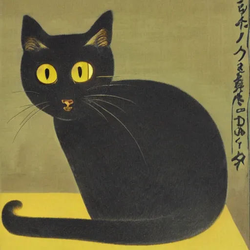 Prompt: a sitting black cat with yellow eyes by tsuguharu foujita, with a background, highly detailed, high quality, restored, historical art piece