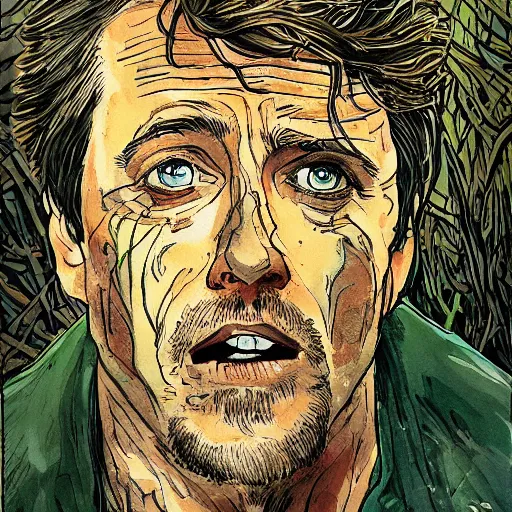 Prompt: hugh grant man vs wild, born survivor, face with beard, extreme, extreme log shot, wide shote, forest, fear, worms, bonfire, mud, man in white t - shirt, art by miyazaki hayao,