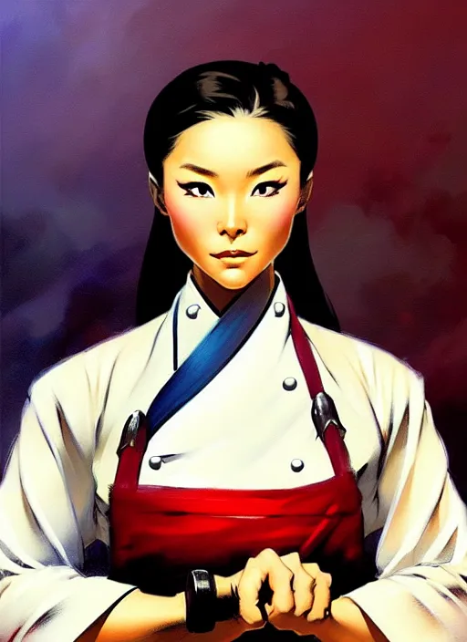 Prompt: magic : the gathering fantasy character concept art by frank frazetta and marco bucci, high resolution. a clear portrait of a stunning female south korean chef, wearing a hanbok apron, holding a kitchen knife, radiating powerful kimchi energy, fantasy coloring, intricate, digital painting, artstation, smooth, sharp focus