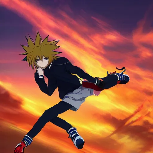 Prompt: orange - haired anime boy, 1 7 - year - old anime boy with wild spiky hair, wearing red jacket, flying through sky, ultra - high jump, late evening, blue hour, cirrus clouds, ultra - realistic, sharp details, subsurface scattering, blue sunshine, intricate details, hd anime, 2 0 1 9 anime