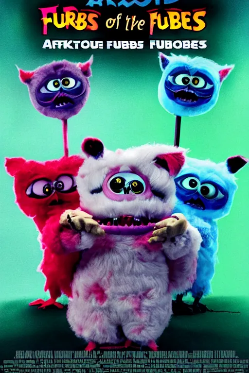 Image similar to horror movie poster for attack of the furbies!!!! furby!!! horrifying, scary movie