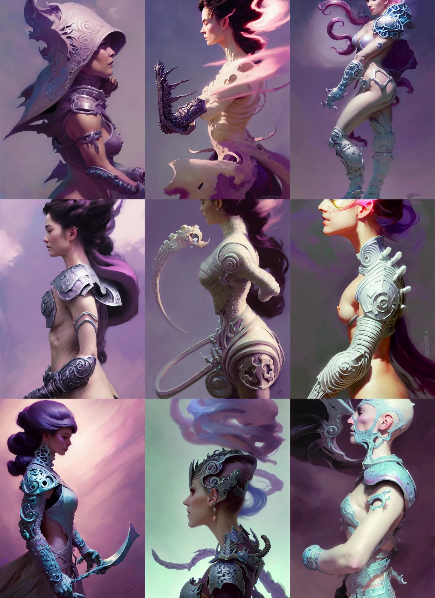 Prompt: side profile, necromancer, bone armour, magical dark swirly ripples, pastel colors, by greg manchess, huang guangjian, gil elvgren, sachin teng, greg rutkowski, jesper ejsing, ilya kuvshinov