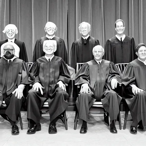 Image similar to 6 Clowns sitting with 3 Justices on the Supreme Court, photorealistic