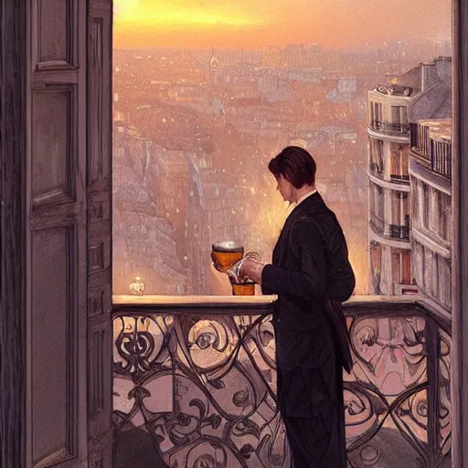 Prompt: elegant man drinking coffee at balcony in paris, city seen behind, moody sunset, intricate, elegant, highly detailed, digital painting, artstation, concept art, matte, sharp focus, illustration, art by artgerm and greg rutkowski and alphonse mucha, 4 k, smooth,