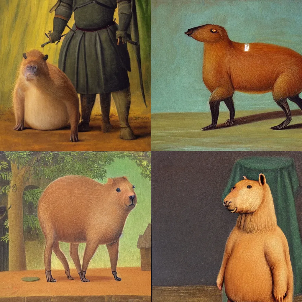 Prompt: a capybara wearing medieval clothing, oil painting, 1981