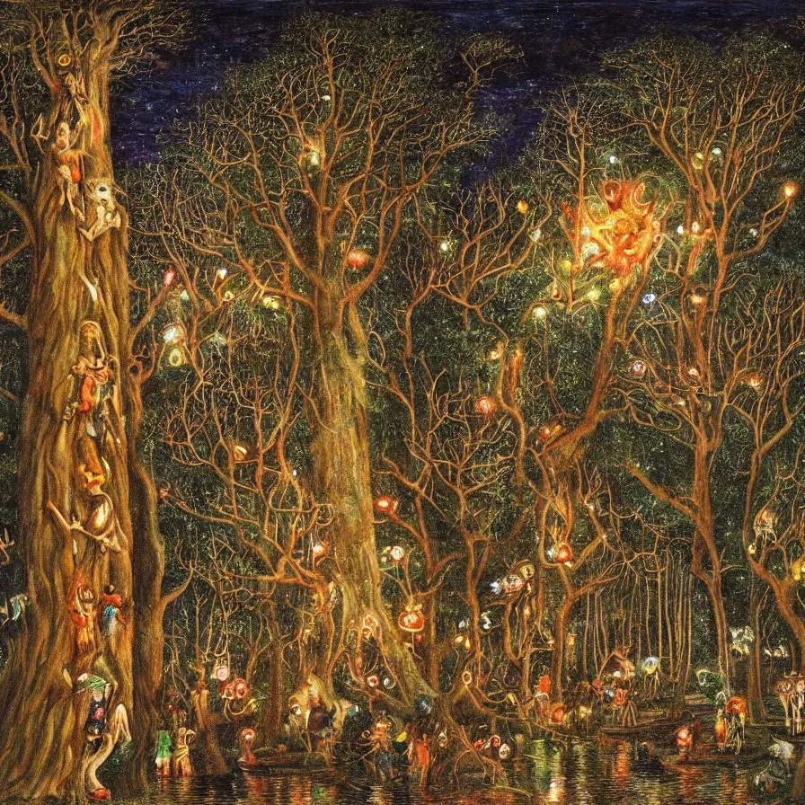 Prompt: a night carnival around a magical tree cavity, with a surreal orange moonlight and fireworks in the background, next to a lake with iridiscent water, christmas lights, folklore animals and people disguised as fantastic creatures in a magical forest by summer night, masterpiece painted by john melhuish strudwick, dark night environment