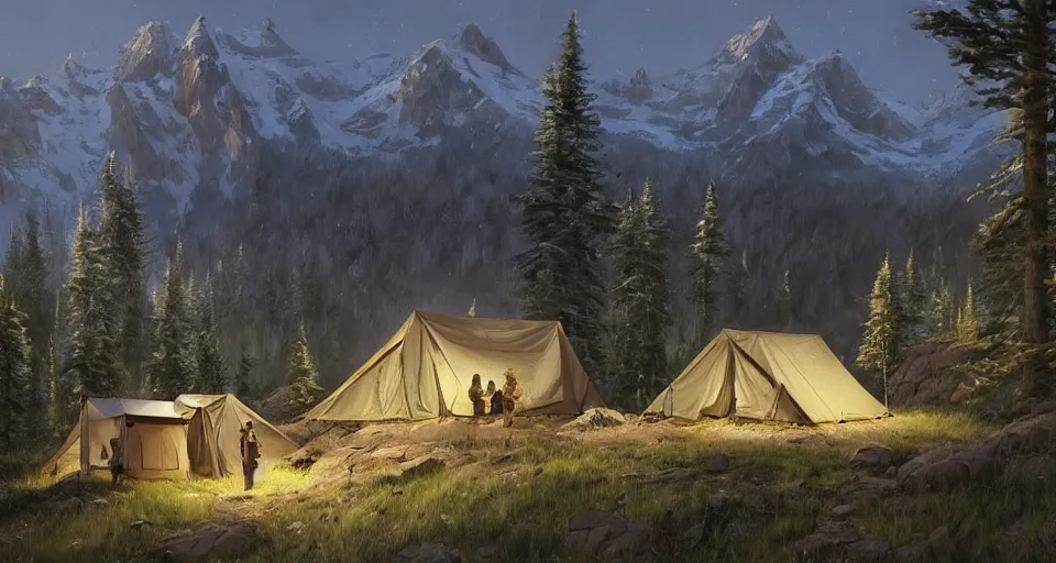 Image similar to cabela's beautiful comfortable self contained modular insulated wall container home kit - house all weather family dwelling tent house, person in foreground, mountainous forested wilderness open fields, beautiful views, painterly concept art, environmental concept art, concept art illustration, by james gurney, by craig mullins, by greg rutkowski trending on artstation