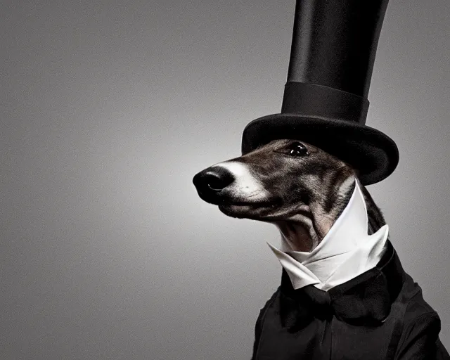 Image similar to a greyhound wearing a black cloak and a top hat, under a spotlight, magician dog performing on stage, dapper greyhound