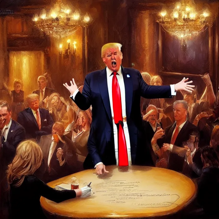 Image similar to donald trump singing on a table in a bar, elegant, real life skin, intricate artwork, high detailed, artstation, concept art, smooth, sharp focus, art by artgerm and greg rutkowski