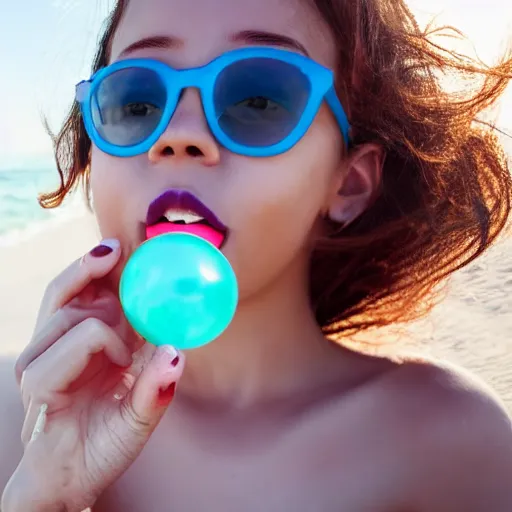 Image similar to girl with blue lips chewing bubble gum on a white sand beach 4k quality super realistic