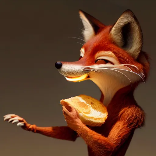 Image similar to weta disney pixar movie still macro close photo of smiling anthropomorphic fox holding on nose a bread with face : : by weta, greg rutkowski, wlop, ilya kuvshinov, rossdraws, artgerm, octane render, iridescent, bright morning, anime, liosh, mucha : :